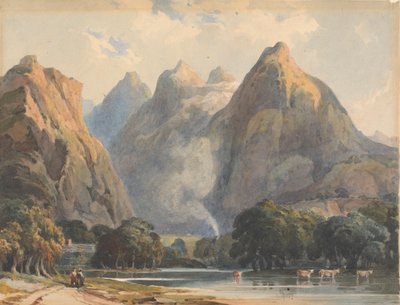 Berglandschap met stroom, koeien en figuren door Thomas Sully