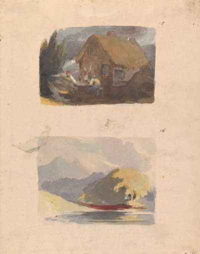 Twee tekeningen op één blad: Cottage met figuren ervoor (nr. 15); Landschap met rivier en bergen - zonneschijn (nr. 16) door Thomas Sully