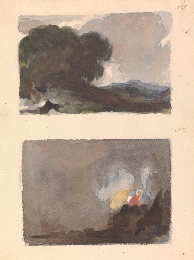 Twee tekeningen op één blad: Landschap met boom op de voorgrond en bergen in de verte - Hobbema en Ruysdael