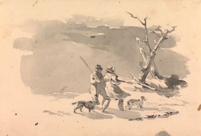 Twee jagers en twee honden in winterscène door Thomas Sully
