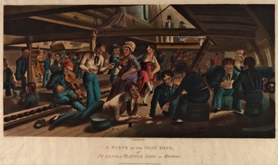 Een scène op het hoofddek van een linieschip in de haven door Thomas Sutherland