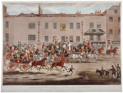 Postkoetsen voor de Peacock Inn op Islington High Street, Londen door Thomas Sutherland