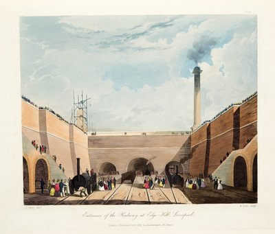 Ingang van de Spoorweg bij Edge Hill, Liverpool (handgekleurde gravure) door Thomas Talbot Bury