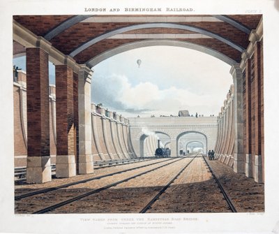 Gezicht genomen van onder de Hampstead Road Bridge, kijkend naar het station op Euston Square, 1837 door Thomas Talbot Bury