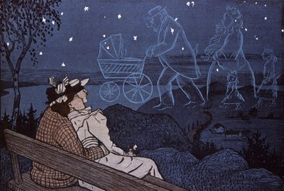 Koppel buiten, kijkend naar hun toekomst in de sterren: kinderen, familie. Illustratie door Th.Th. Heine in: Simplicissimus, Duitsland door Thomas Theodor Heine