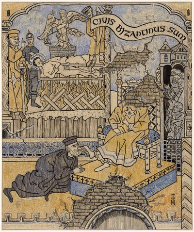 Het herontdekte muurschildering in het Justitiepaleis in Byzantium; Simplicissimus V/34 door Thomas Theodor Heine