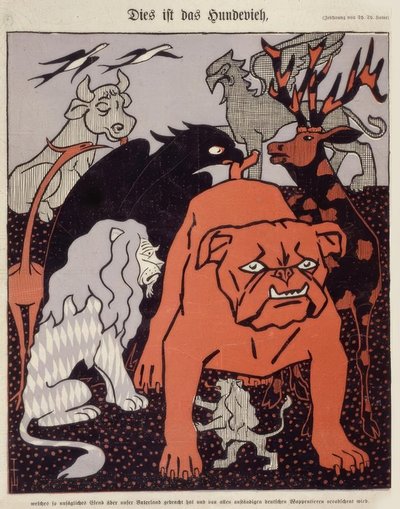Dit is het hondenbeest dat zoveel onuitsprekelijk leed over ons vaderland heeft gebracht en door alle fatsoenlijke Duitse wapendieren wordt verafschuwd door Thomas Theodor Heine