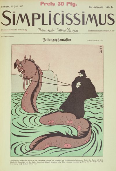Kaiser rijdt de Zeeslang naar Engeland, omslag Illustratie van Simplicissimus door Thomas Theodor Heine