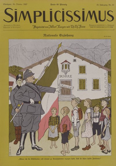 Mussolini (1883-1945) en de Italiaanse Tirol, cartoon uit 
