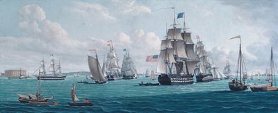 Het Amerikaanse schip Franklin, met een uitzicht op de baai van New York, 1820s of 1830s door Thomas Thompson