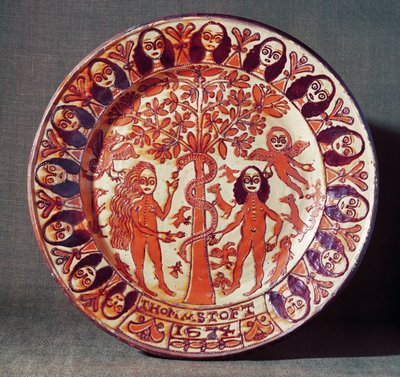 Adam en Eva slipware schaal, Noord-Staffordshire, 1674 door Thomas Toft
