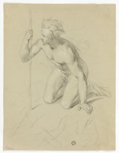 Nude Man Kneeling, Holding Staff (recto); Alpine Panorama (verso) door Thomas Uwins