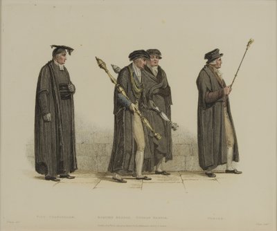 Vicekanselier, Esquire Beadle, Yeoman Beadle, Verger, gegraveerd door J. Agar, gepubliceerd in R. Ackermann