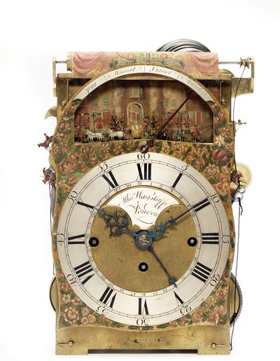 Detail van een George III groene en vergulde Japanned muzikale automaat tafelklok die de Lord Mayor