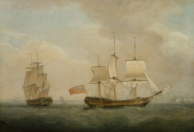 Een koopvaardijschip in twee posities voor de zuidkust door Thomas Whitcombe