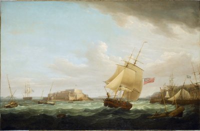 Een koopvaardijschip en andere schepen voor Cornet Castle in Guernsey, Engeland. Olie op doek, circa 1796, door Thomas Whitcombe (1763-1825). door Thomas Whitcombe