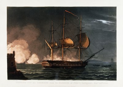 Het uitsnijden van de Hermoine uit de haven van Porto Cavailo, 25 oktober 1799 door Thomas Whitcombe