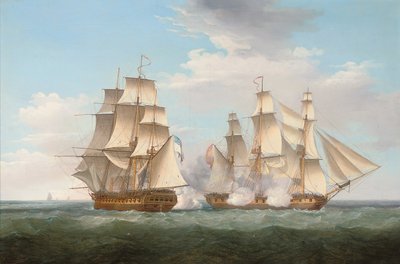 H.M.S. Ethalion in actie met het Spaanse fregat Thetis bij Kaap Finisterre, 16 oktober 1799 door Thomas Whitcombe