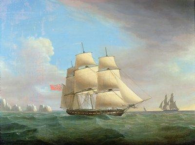 H.M. Fregat Galatea, 38 Kanonnen bij de Needles, Isle Of Wight door Thomas Whitcombe