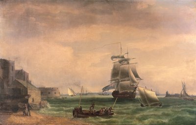 Oorlogsschepen en kleine vaartuigen in de haven van Portsmouth door Thomas Whitcombe
