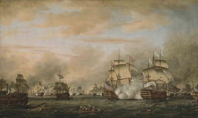 De slag bij de Saintes, 12 april 1782. HMS Barfleur valt het Franse vlaggenschip Ville de Paris aan door Thomas Whitcombe