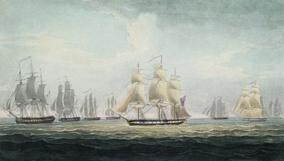 De maritieme manoeuvre van Sir Graham Moore (1764-1843), commandant van het eskader van vier fregatten in de Britse Koninklijke Marine, die een Spaanse schatvloot veroverde, voor de kust van Cadiz, Spanje, op 5 oktober door Thomas Whitcombe