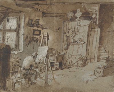 Een schilder aan het werk in zijn atelier door Thomas Wijck