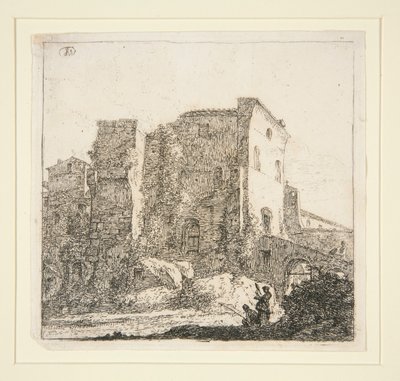 Landschap met ruïnes, met een visser door Thomas Wijck