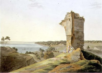 Uitzicht vanaf de ruïnes van het fort van Currah, aan de rivier de Ganges, plaat XXI uit deel 4 van 