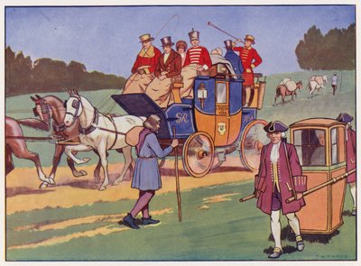 Koets met vier paarden, draagstoel en pakpaarden door Thomas William Holmes