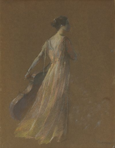 Dame staand met een cello door Thomas Wilmer Dewing