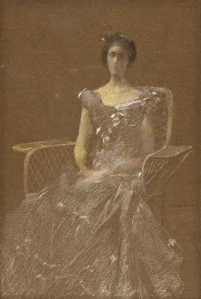Dame in rotan fauteuil door Thomas Wilmer Dewing