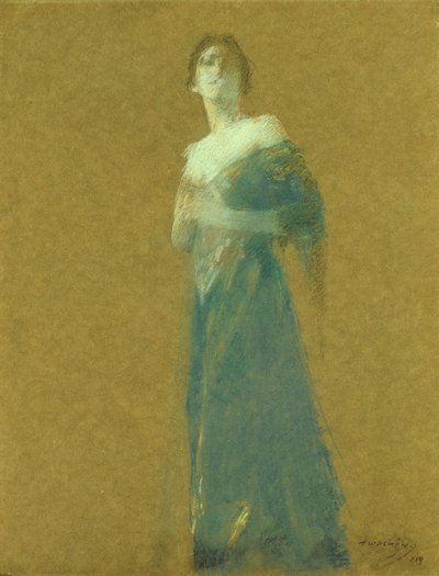Vrouw in blauw door Thomas Wilmer Dewing