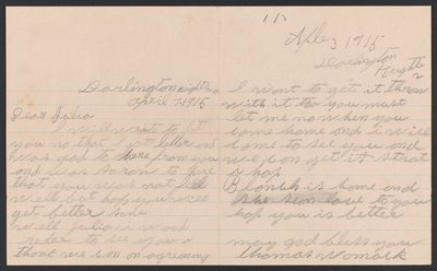 Brief van Thomas Womack aan Julia Womack met envelop, 7 april 1915 door Thomas Womack