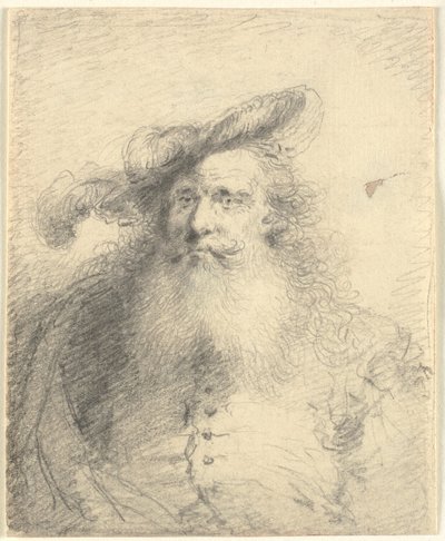 Hoofd- en schouderportret van een bebaarde man met een gevederde hoed door Thomas Worlidge