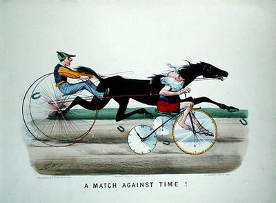 Een Wedstrijd Tegen de Tijd, race tussen een paard en vader Tijd op een fiets door Thomas Worth