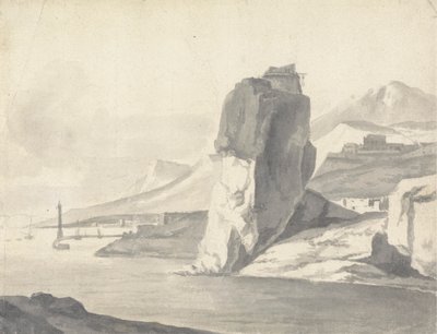 Een kustscène (Italiaans) met golfbreker, hoge kliffen en een fort door Thomas Wyck