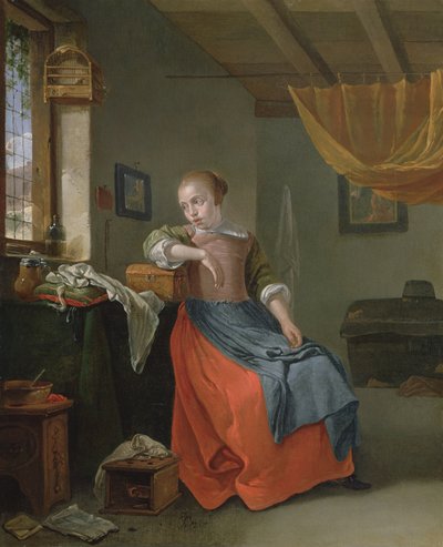 Een zittende vrouw in een interieur die uit het raam kijkt door Thomas Wyck