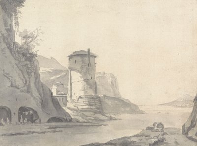 Een dorp in een rotsachtige kustinham (Italiaans?) met ronde toren op de linkeroever door Thomas Wyck