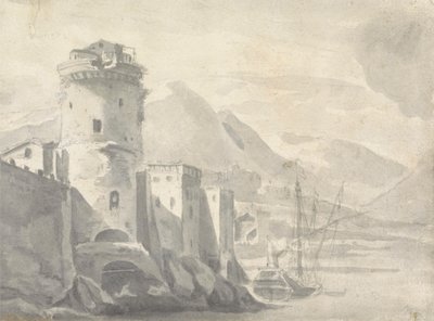 Versterkte Gebouwen die Steil Oprijzen van een Rivieroever (in Italië?) met Boot in het Midden en Verre Bergen door Thomas Wyck