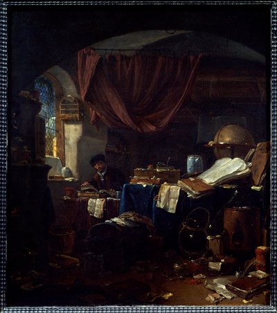 Uitzicht op het laboratorium van een alchemist door Thomas Wyck