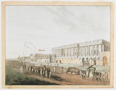 Het Nieuwe Gerechtsgebouw en Chandpam Ghaut uit de Zichten van Calcutta door Thomas und William Daniell