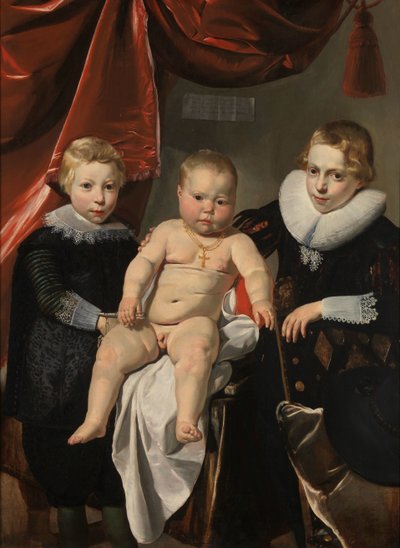 Groepsportret van drie broers, genaamd Hendrick, Johannes en Simon door Thomas de Keyser