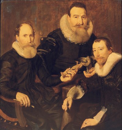 Groepsportret van drie heren, driekwart lengte, zittend in zwarte kostuums met kanten kragen, 1635 door Thomas de Keyser
