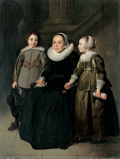 Portret van een dame, ten voeten uit, zittend, in een zwarte jurk met witte kraag en muts, met een zakdoek, met haar zoon in een grijs wambuis en haar dochter in een groene jurk, 1635 door Thomas de Keyser