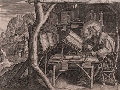 Sint Evagrius Ponticus verdiept in zijn studies, ets en burijn door Thomas de Lieu (1560-1612) door Thomas de Leu