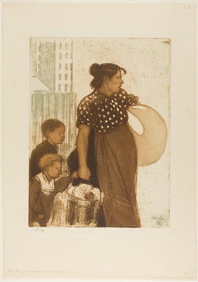 Huisvrouw en kinderen komen terug van de wasserij door Théophile Alexandre Pierre Steinlen