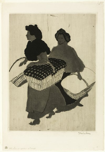 Wasvrouwen die hun werk terugnemen door Théophile Alexandre Pierre Steinlen