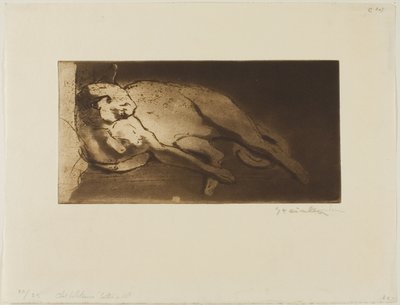 Liggende kat uitgestrekt van links naar rechts door Théophile Alexandre Pierre Steinlen