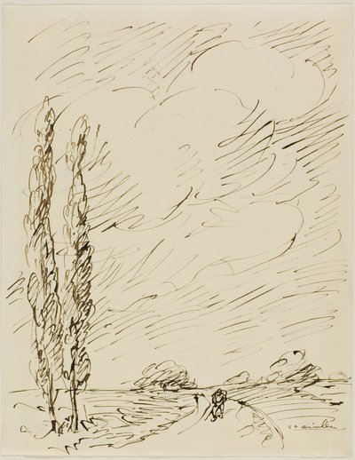 Zwerver op een weg met twee populierenbomen door Théophile Alexandre Pierre Steinlen